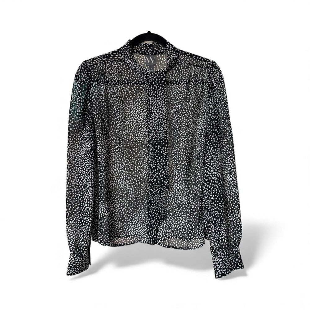 Worthington Tie Neck Blouse Women Medium Black White‎ Starburst Sheer Button Up